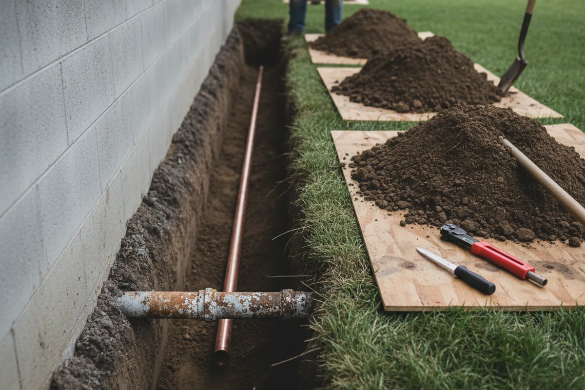Excavated water line trench during Water Softener Installation in Berkley